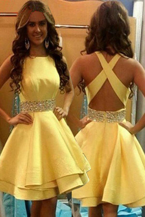 Open Back Yellow Tiered Homecoming Dresses Short Prom Dress Party Gowns Hoco Dress
