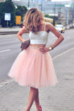 2 Pieces Straps Cute Dress White/Pink Homecoming Dresses Short Prom Dress Party Gowns