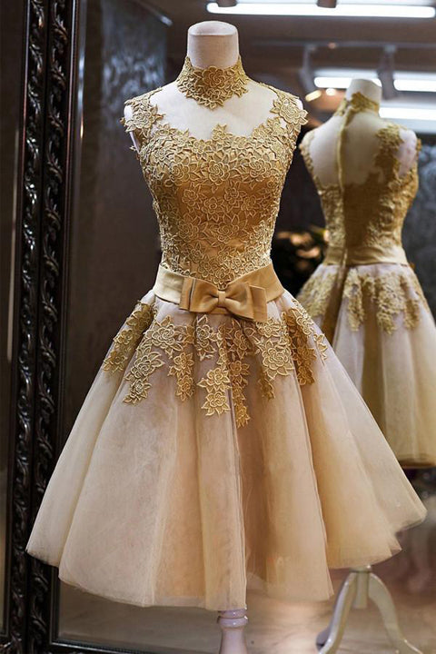 Gold Lace High Neck Cute Homecoming Dresses Short Party Prom Dress Cocktail Dress