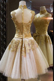 Gold Lace High Neck Cute Homecoming Dresses Short Party Prom Dress Cocktail Dress