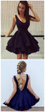 V Neck Off the Shoulder Black Satin Backless Homecoming Dress Short Prom Dresses Party Gowns