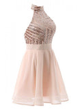 Rose Gold Sequin Halter Backless Homecoming Dresses Mini Prom Dress Party Gowns