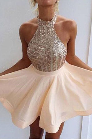 Rose Gold Sequin Halter Backless Homecoming Dresses Mini Prom Dress Party Gowns