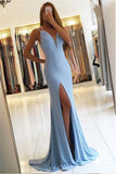 V Neck Backless Light Blue Mermaid Prom Dresses Evening Dress Prom Gowns Party Dress
