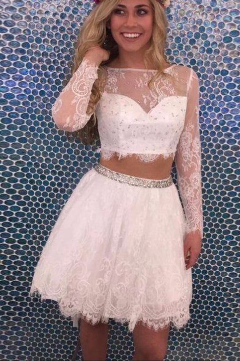 Two Pieces White Lace Backless Homecoming Dresses Cute Party Gowns Prom Dress