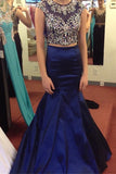 2 Pieces Cap Sleeves High Neck Dark Blue Mermaid Prom Dresses Evening Prom Gowns