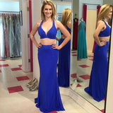 Two Pieces Royal Blue Backless V Neck Sexy Mermaid Prom Dresses Evening Dress Prom Gown