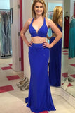 Two Pieces Royal Blue Backless V Neck Sexy Mermaid Prom Dresses Evening Dress Prom Gown