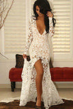 Sexy Deep V Neck Ivory Lace Long Sleeves Mermaid Prom Dresses Evening Dress Wedding Dress