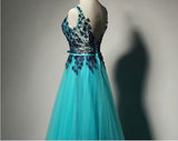 Hot Sales Navy Blue Lace Green Prom Dresses Evening Dress Back V Prom Gowns