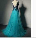 Hot Sales Navy Blue Lace Green Prom Dresses Evening Dress Back V Prom Gowns