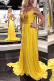 V Neck Off the Shoulder Yellow Prom Dresses Evening Prom Gowns Graduation Dress