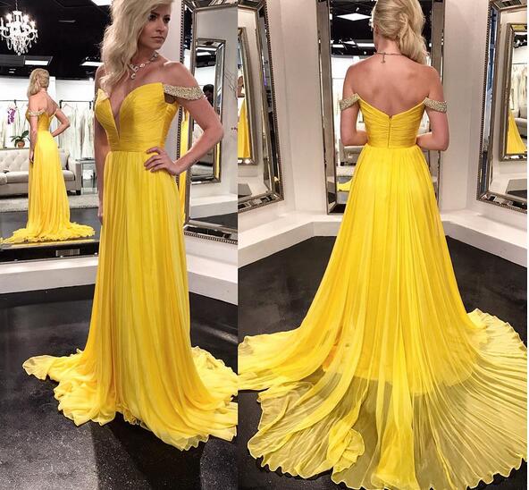 V Neck Off the Shoulder Yellow Prom Dresses Evening Prom Gowns Graduation Dress