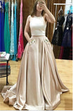 2 Pieces Bodice Satin Halter Elegant Long Prom Dresses Evening Dress Prom Gowns With Pocket