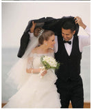 Half Long Sleeves White Lace Tiered Skirt  Wedding Dresses Bridal Dress Wedding Gowns