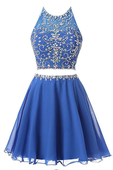 Royal Blue Open Back Halter 2 Pieces Homecoming Dresses Prom Cute Dress Party Gowns