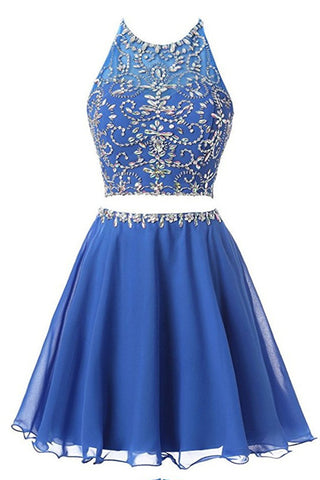 Royal Blue Open Back Halter 2 Pieces Homecoming Dresses Prom Cute Dress Party Gowns