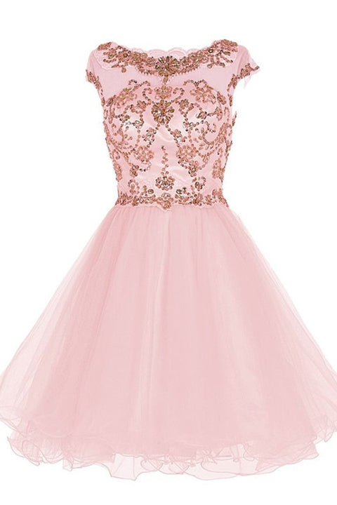 Cap Sleeves Pink Appliques Backless Mini Homecoming Dresses Prom Dress Cute Party Gowns