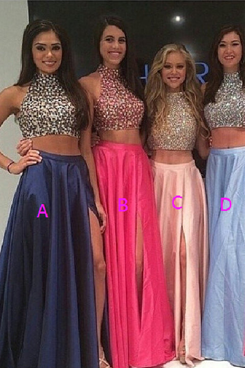Hot Sales 2 Pieces High Neck Beads Slit Pink Prom Dresses Evening Gowns Party Dress Pocket