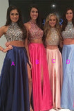 Hot Sales 2 Pieces High Neck Beads Slit Pink Prom Dresses Evening Gowns Party Dress Pocket