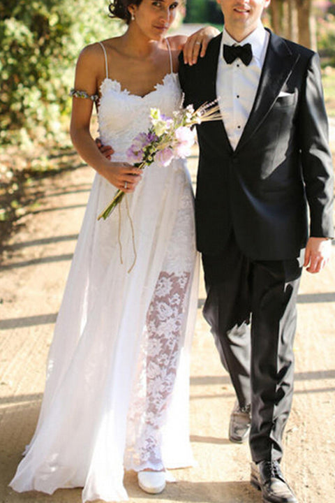 Hot Sales Spaghetti Straps Lace Backless Slit Wedding Dresses Bridal Dress Wedding Gowns