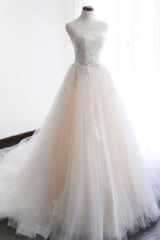 A Line Strapless Princess Lace Tulle  Wedding Dress Bridal Dresses Wedding Gowns