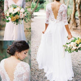 3/4 Long Sleeves White Lace Back V Neck Wedding Dresses Bridal Gowns Wedding Dress