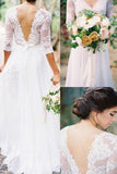 3/4 Long Sleeves White Lace Back V Neck Wedding Dresses Bridal Gowns Wedding Dress