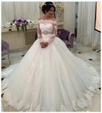Sexy Long Sleeves Ball Gown Wedding Dress Bridal Dresses Wedding Gowns With Beaded Belt