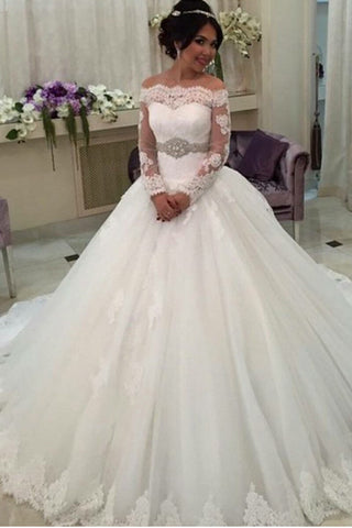 Sexy Long Sleeves Ball Gown Wedding Dress Bridal Dresses Wedding Gowns With Beaded Belt