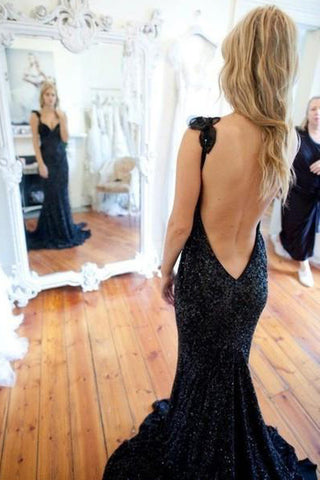 Open Back Navy Blue Sequin Mermaid Prom Dress Evening Party Dresses Prom Gowns