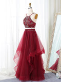 Burgundy Spaghetti Straps Backless 2 Pieces Prom Dresses Evening Dress Party Gowns