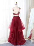 Burgundy Spaghetti Straps Backless 2 Pieces Prom Dresses Evening Dress Party Gowns