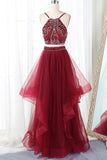 Burgundy Spaghetti Straps Backless 2 Pieces Prom Dresses Evening Dress Party Gowns