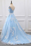 Fashion Light Blue Appliques High Quality Long Prom Dresses Evening Dress Party Gowns