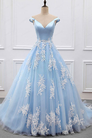 Fashion Light Blue Appliques High Quality Long Prom Dresses Evening Dress Party Gowns