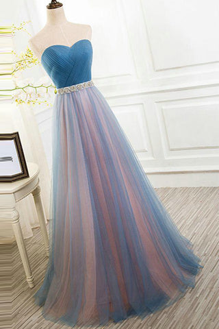 A Line Empire Waist Long Prom Dresses Evening Gowns Bridesmaid Dress With Beads Belt