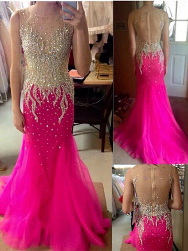Heavy Beads Hot Pink Mermaid See Through Prom Dress Evening Dresses Party Gowns