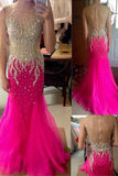 Heavy Beads Hot Pink Mermaid See Through Prom Dress Evening Dresses Party Gowns