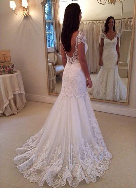 Cap Sleeves Open Back Lace Sheath Wedding Dress Bridal Dresses Wedding Gowns