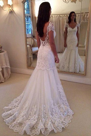 Cap Sleeves Open Back Lace Sheath Wedding Dress Bridal Dresses Wedding Gowns