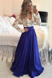 Long Sleeves Royal Blue V Neck Prom Dress Evening Dresses Party Gowns
