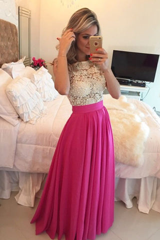 Ivory Lace Hot Pink See Through Long Prom Dresses Evening Dress Party Gowns