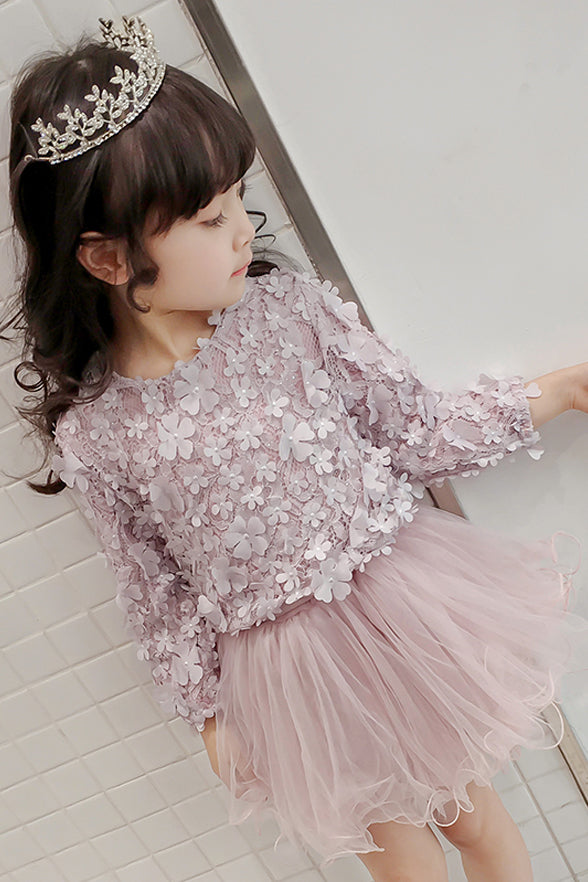 Long Sleeves Lace Tulle Short Flower Girl Dress