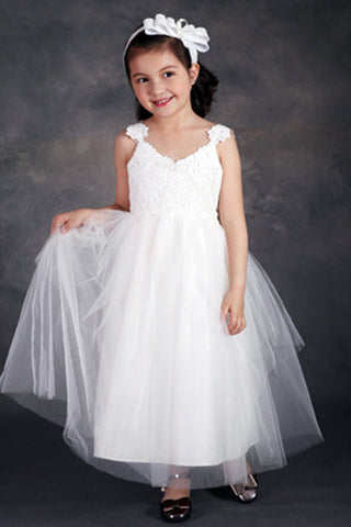 Open Back Ivory Lace Tulle Ball Gown Flower Girl Dress With Bow