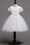 Princess Short Sleeves White Lace Tulle Long Flower Girl Dress