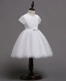 Princess Short Sleeves White Lace Tulle Long Flower Girl Dress