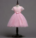 Princess Short Sleeves White Lace Tulle Long Flower Girl Dress