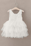 Open Back Ivory Lace Tiered Tulle Skirt Short Flower Girl Dresses