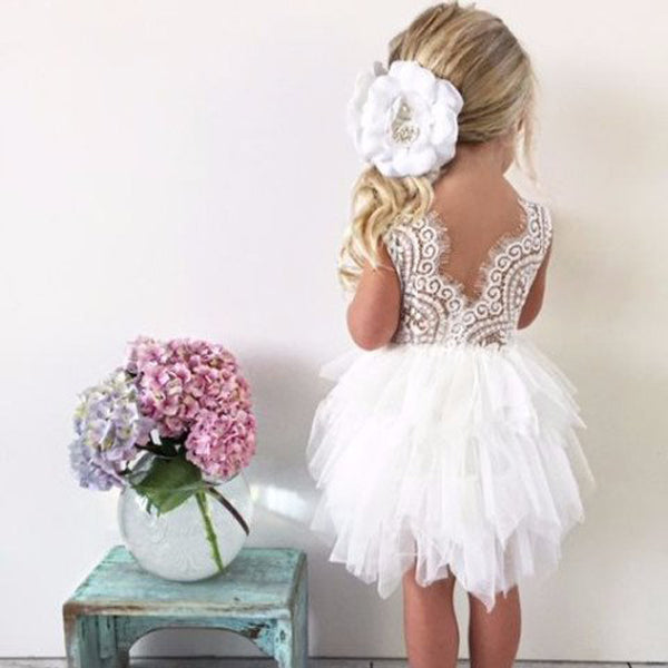 Open Back Ivory Lace Tiered Tulle Skirt Short Flower Girl Dresses